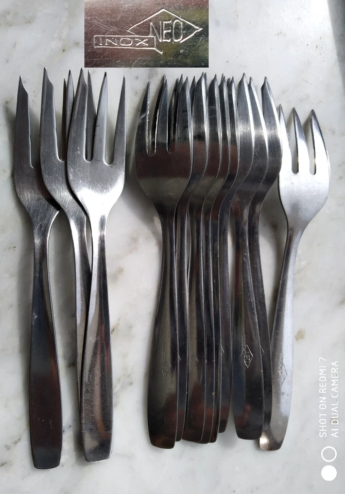 12 FORCHETTE DA DOLCE IN ACCIAIO INOSSIDABILE VINTAGE '70 MARCATE NEO INOX 18/8 - Immagine 1 di 1