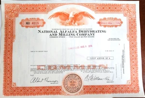 1976 National Alfalfa Dehydrating Stock Certificate Orange Eagle Vintage - Bild 1 von 3