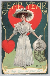 Postcard Leap Year "I Lay  them at your feet..." c 1908 artist August Hutaff - Picture 1 of 2