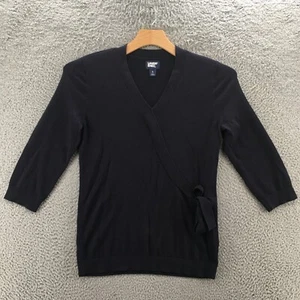 Lands End Knitted Top Womens S Blue Cotton Blend Faux Wrap Tie Trim 3/4 Sleeve - Picture 1 of 22