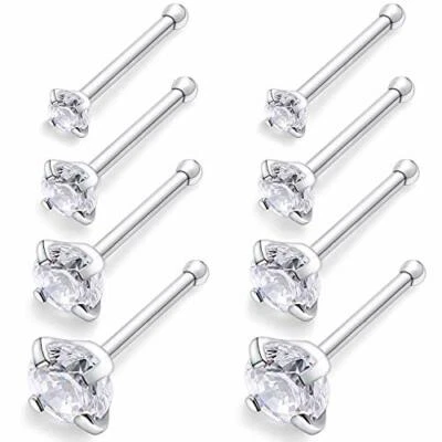 Prong Set CZ Gem 316L Surgical Steel Nose Stud Bone Nostril Ring 18G 20G 2mm 3mm