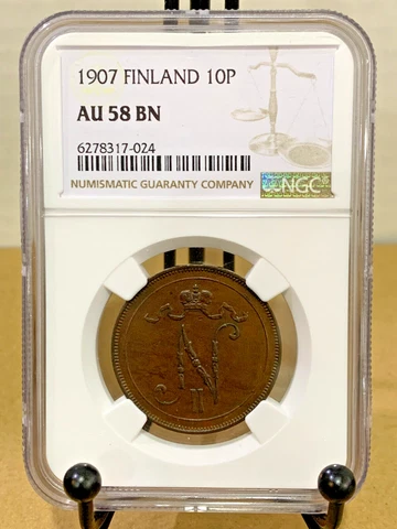1907 Finland 10P NGC AU58 BN About Uncirculated 58 Brown #6278317-024 Cover