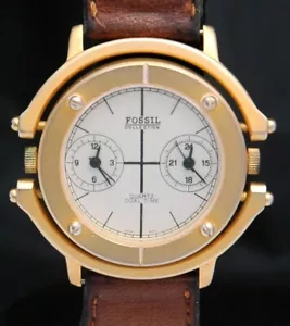 FOSSIL Collection Expedition DUAL TIME GMT GOLD WATCH 44mm TIN 90s New Battery - Picture 1 of 10
