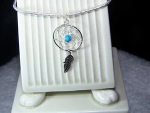 Sterling Silver 1 feather Dream Catcher & Turquoise necklace, 16-30 inch. - Picture 1 of 2