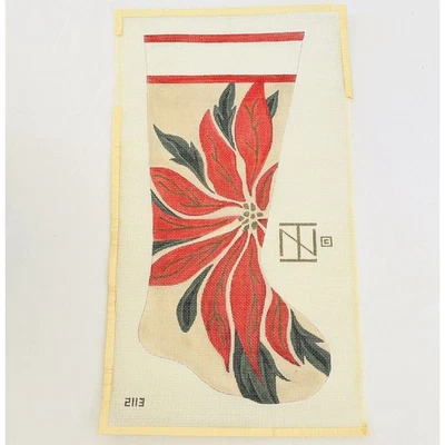 Poinsettia Christmas Stocking Handpainted Needlepoint Canvas 12ct Vintage - Image 1 of 4