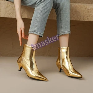 Womens Pointed Toe Side Zip Kitten Heel Ankle Boots Casual Dress Outdoor Shoes - Picture 1 of 18