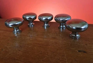 5 Vtg Solid Brass Chromed Silver Cabinet Drawer Pull Knobs 1 1/2" Dia X 1 1/4 L - Picture 1 of 17