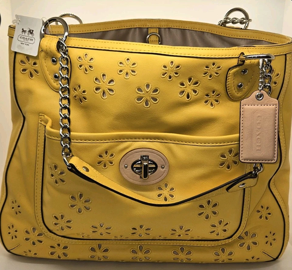 Coach Poppy 22438 Eyelet Detailed Leather Medium Chain Tote Marigold Yellow