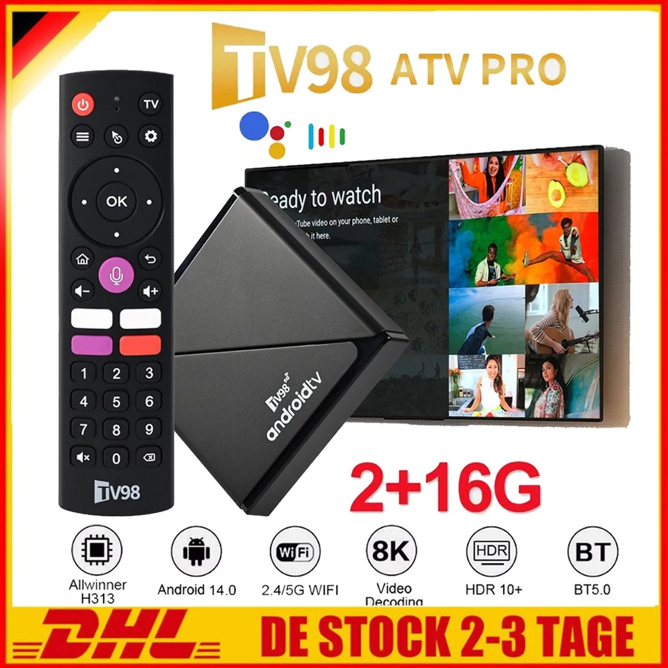TV98 TV Stick Android 14 ATV WiFi Smart HD 8K 3D TV Box Media Player 2GB+16GB - Bild 1 von 4