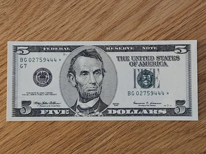1999 $5 UNC/GEM "STAR NOTE" CHICAGO DISTRICT BG02759444* 1 OF 3 CONS SER NUM - Picture 1 of 5