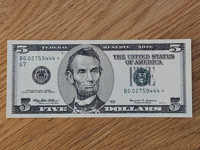 1999 $5 UNC/GEM "STAR NOTE" CHICAGO DISTRICT BG02759444* 1 OF 3 CONS SER NUM - Image 1 of 4