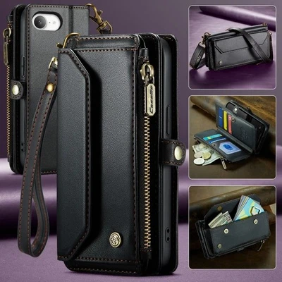 Funda tipo billetera bandolera con cremallera para iPhone 17 16 15 Pro Max 14 cubierta de cuero con soporte Foto 1 de 4