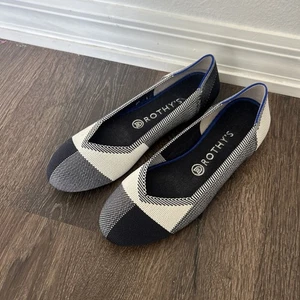 Rothys The Flat Round Toe Buffalo Plaid Retired Woven Knit Black Cream Slipper 9 - Bild 1 von 6