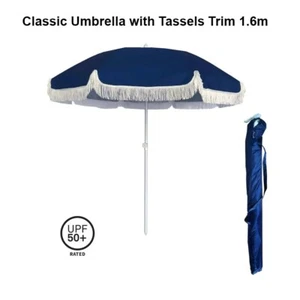 Beach Umbrella Classic Blue Retro Style with Tassel Trim Picnic Camping Umbrella - Picture 1 of 5