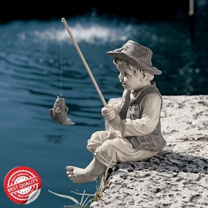 Pond Accent Fisher Boy Statue Garden Lawn Sculpture Decor Fishing Man Figurine - Picture 1 of 10