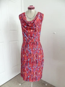 DIANA FERRARI Red Cowl DRESS Size 10 White Blue Geo Print Desk to Dinner Date - Picture 1 of 6