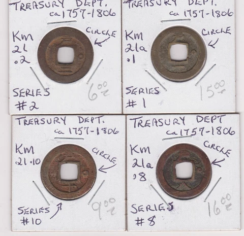 KOREA - Treasury Dept. ~ lot of 4 series rev. circle right, 1 Mun ca. 1757-1806 Cover