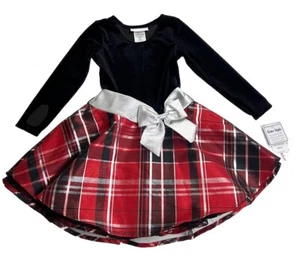 Bonnie Jean Girls 4T Christmas Holiday Dress Velour Bodice Black Red Plaid NWT - Picture 1 of 8