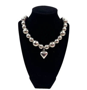 FABULOUS STERLING SILVER POLISHED OLD VINTAGE NECKLACE PUFFY HEART 925 CHOKER 17 - Picture 1 of 11