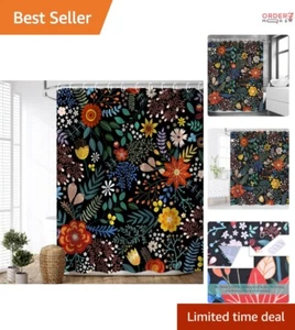Boho Floral Shower Curtain 72x72 Waterproof Soft Polyester Black Design Set - Picture 1 of 10