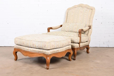 Baker Furniture French Provincial Louis XV Oversized Fauteuil and Ottoman Cover