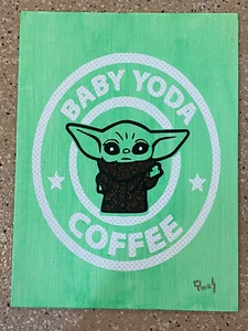 Handcrafted Star Wars Baby Yoda Coffee Vinyl On Canvas 9x12 Signed Artwork B - Picture 1 of 4