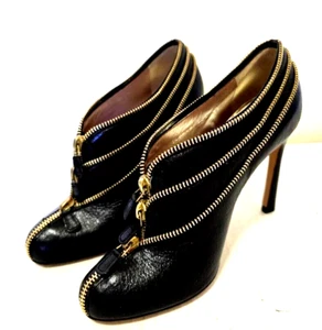 Armani Women's Triple Zipper Leather High Heel Black Pumps Bootie Size 6.5 /37 - Picture 1 of 13