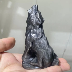 1 Stck. Natürlicher Silber Obsidian Quarz Handgeschnitzt Wolf Schädel Kristall Reiki Heilung - Bild 1 von 9