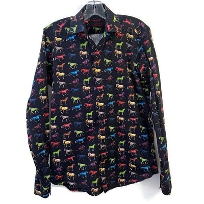 Jared Lang After Hours Long Sleeve Neon Horse Print Button-Up Shirt Size Small - Image 1 of 4