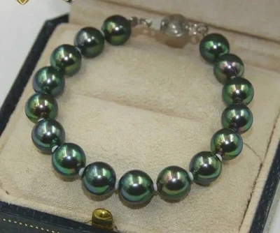 Gorgeous AAA+ 9-10mm natural Tahitian black green round pearl bracelet 14k clasp - Image 1 of 4
