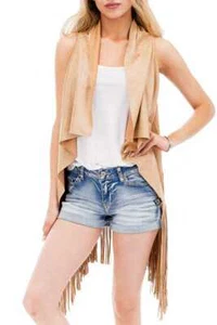 Women's Spring Hippie Faux Suede Fringed Vest Outerwear Cardigan Coat - Picture 1 of 26