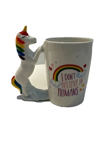 Unicorn “I Dont Believe In Humans” Rainbow Coffee Mug Cup - Picture 1 of 11