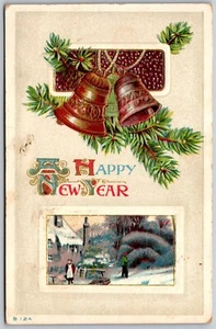 Vtg Happy New Year Greetings Bells Pine Farm Scene 1910s Postcard - Picture 1 of 2
