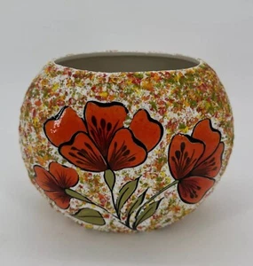 VTG 70’s Ceramic Studio Pottery Poppy Flowers MCM Oval Vase Artist Signed OOAK - Picture 1 of 11