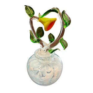 Handblown Art Glass Perfume Bottle Flower & Leaves White Swirled Bottle No Flaws - Picture 1 of 7