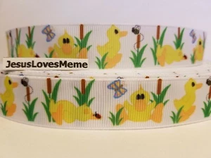 Grosgrain Ribbon Yellow Baby Ducks Duckies Cattails Bees Butterflies Farm, 7/8" - Picture 1 of 1