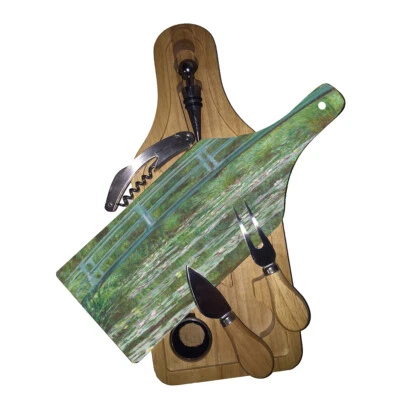 Cutting Board Wine and Glass Cheese Board Gift Set Monet the Japanese Footbridge - Image 1 of 3