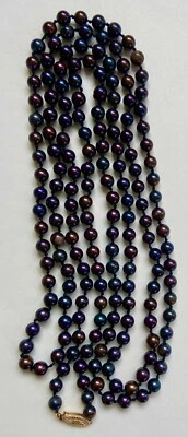 Long Necklace Iridescent  6-6 1/2 mm Black Pearls, 54 Inches Long, 14k Fish Hook - Image 1 of 4