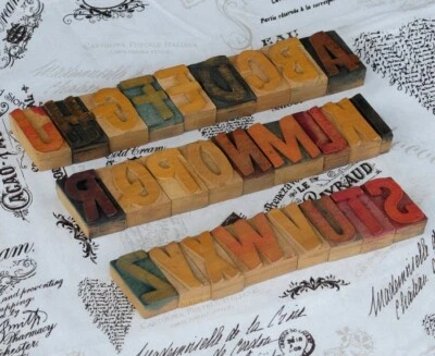 A-Z anciens caractères d'imprimerie en bois typographie lettres ABC imprimeur!! - Photo 1/2