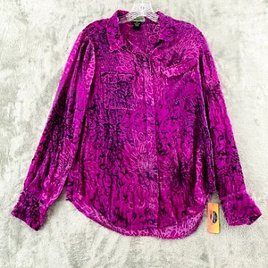 2OH Threads Button Blouse Purple S Rayon Silk Blend Velvet Flocked Long Sleeve - Picture 1 of 9