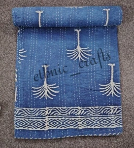 Indian Hand Block Print Cotton Kantha Quilt Throw Bedspread Reversible Blue - Picture 1 of 13