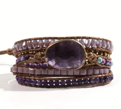 Boho Faceted Amethyst Purple Stone 5Row Beaded Adjustable Wrap Bracelet Wax Rope - Image 1 of 4