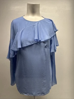 Blusa Carolina Herrera Top Camisa Volantes Gasa Seda Manga Larga Azul Talla 0 Foto 1 de 4