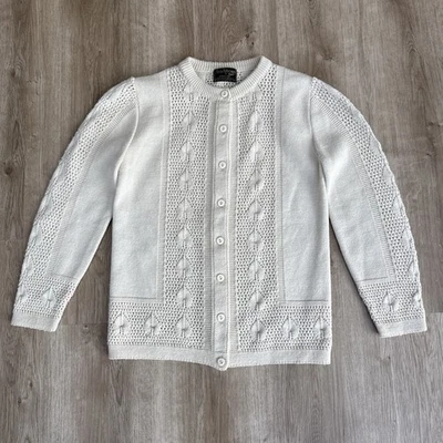 Cardigã vintage anos 80/90 Traditions by Duet malha padrão folha botão creme P/M - Imagem 1 de 4