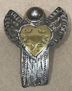Vtg Artisan Mexico 925 Sterling Yellow Brass Angel Heart Brooch Pendant 18g - Picture 1 of 6