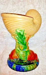 Majolica dolphins and shell stand compote /dish 9 1/2 x 6" aprox Gr/or/blue/yell - Picture 1 of 7