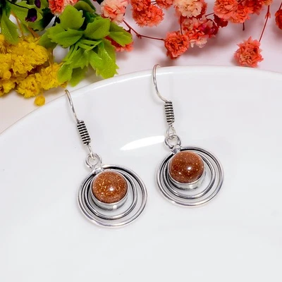 Brincos de prata esterlina 925 vintage feitos à mão com pedra preciosa de arenito dourado 1,5" y73 - Imagem 1 de 4