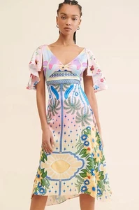 NWT Oceanus Camille Satin Midi Dress Colorful Tropical Floral Small - Picture 1 of 17