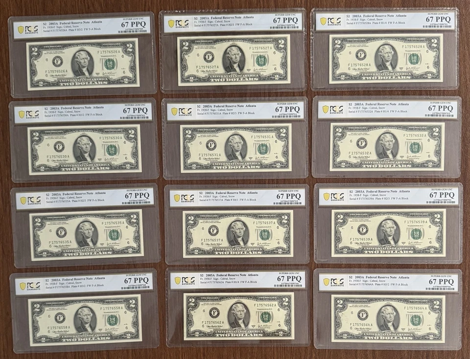 12 PIECE LOT $2 2003A FEDERAL RESERVE NOTES ATLANTA PCGS 67PPQ 1938-F CLOSE S/Ns - Image 1 of 2