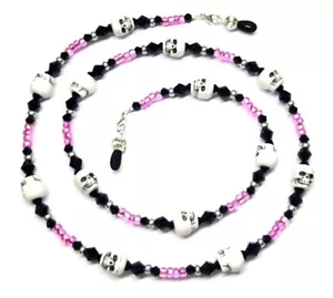White Skulls Halloween Black/Silver/Hot Pink Bead Mix Eyeglass Chain - Picture 1 of 2